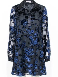 Alice & Olivia - Black & Navy Velvet Floral Pattern Shift Dress Sz 6