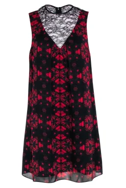 Alice & Olivia - Black & Red Floral Print Sleeveless Shift Dress w/ Lace Middle V Sz 6