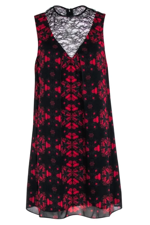 Alice & Olivia - Black & Red Floral Print Sleeveless Shift Dress w/ Lace Middle V Sz 6