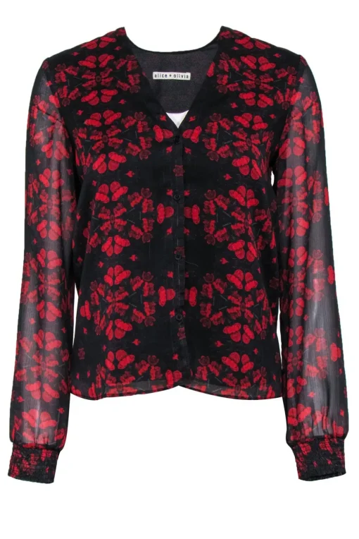 Alice & Olivia - Black & Red Floral Print Long Sleeve Blouse Sz S