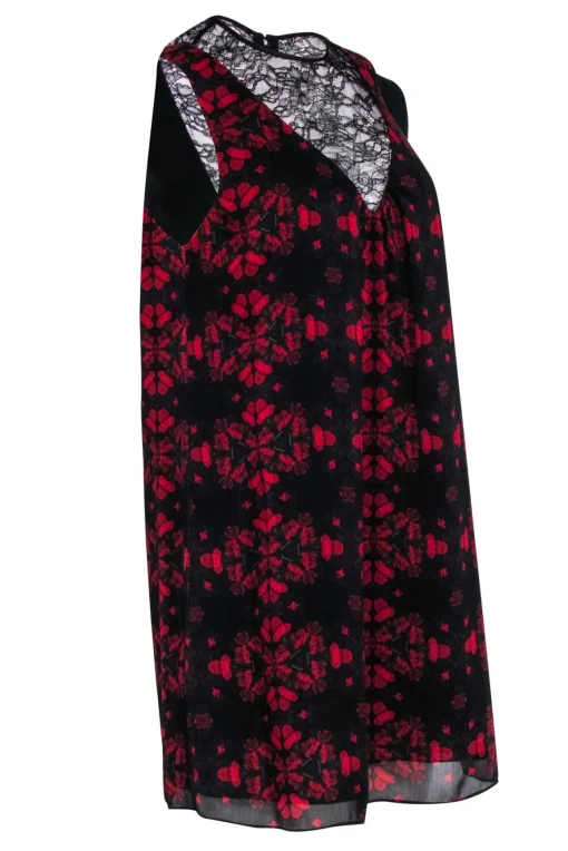 Alice & Olivia - Black & Red Floral Print Sleeveless Shift Dress w/ Lace Middle V Sz 6
