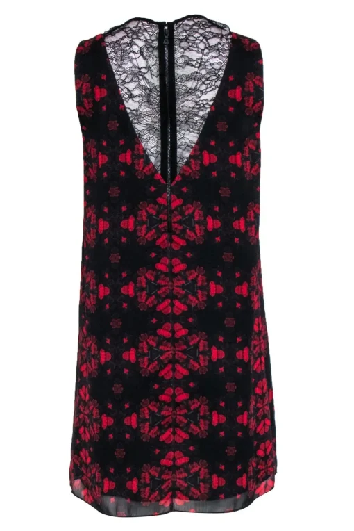 Alice & Olivia - Black & Red Floral Print Sleeveless Shift Dress w/ Lace Middle V Sz 6
