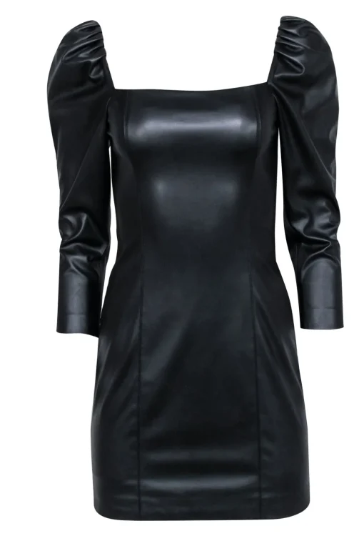 Alice & Olivia - Black Faux Leather Square Neck Mini Dress Sz 4