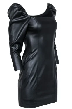 Alice & Olivia - Black Faux Leather Square Neck Mini Dress Sz 4