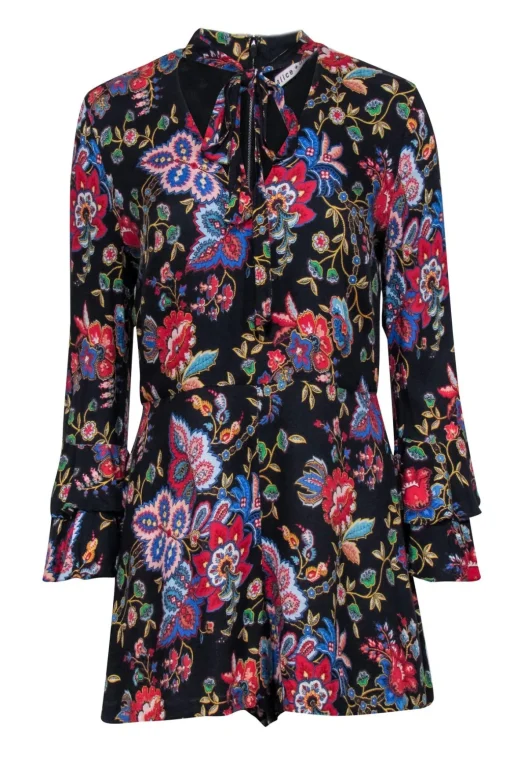 Alice & Olivia - Black Floral Print Romper w/ Front Neck Tie Sz 10