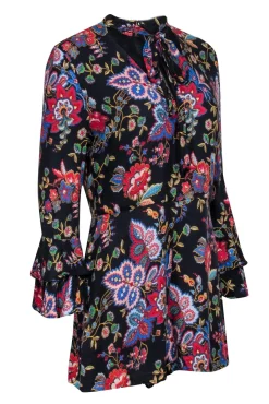 Alice & Olivia - Black Floral Print Romper w/ Front Neck Tie Sz 10