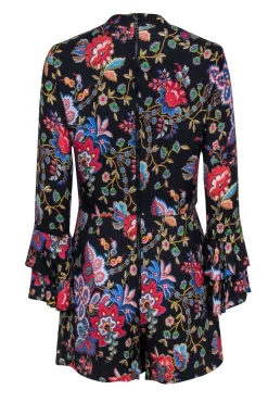 Alice & Olivia - Black Floral Print Romper w/ Front Neck Tie Sz 10