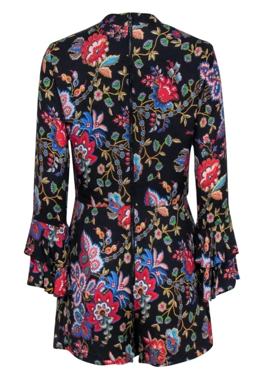 Alice & Olivia - Black Floral Print Romper w/ Front Neck Tie Sz 10