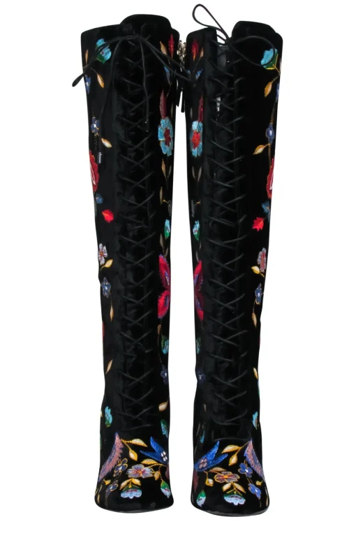 Alice & Olivia - Black Velvet Embroidered Lace-Up Heeled Knee High Boots Sz 6