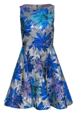 Alice & Olivia - Blue & Silver Metallic Brocade A-Line Dress w/ Open Back Sz 4