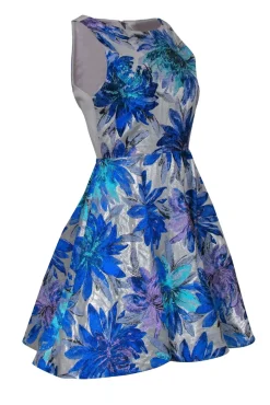 Alice & Olivia - Blue & Silver Metallic Brocade A-Line Dress w/ Open Back Sz 4