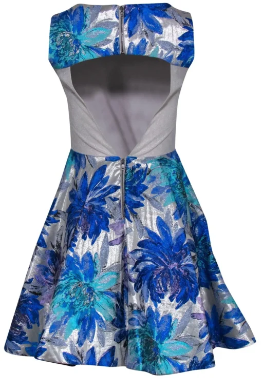 Alice & Olivia - Blue & Silver Metallic Brocade A-Line Dress w/ Open Back Sz 4