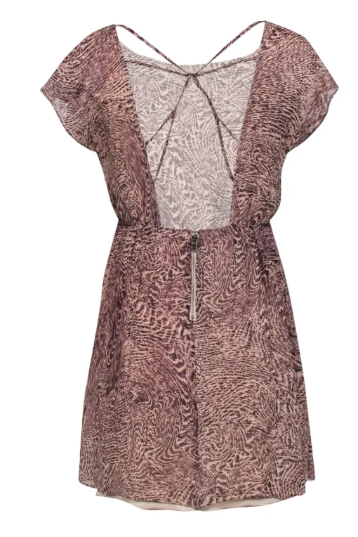 Alice & Olivia - Brown & Beige Patterned Silk Open Back Mini Dress Sz S