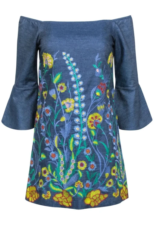Alice & Olivia - Chambray Mini Dress w/ Floral Embroidery Sz XS