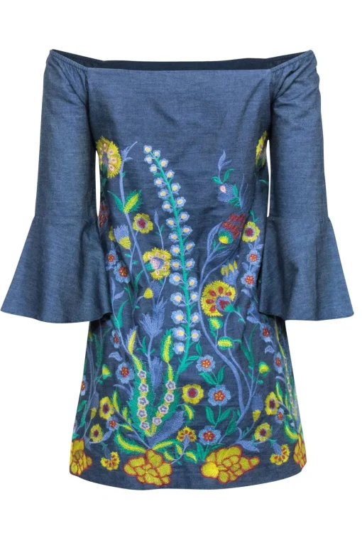 Alice & Olivia - Chambray Mini Dress w/ Floral Embroidery Sz XS
