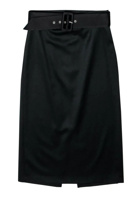 Alice & Olivia - Classic Black Wool Belted Pencil Skirt w/ Back Slit Sz 8