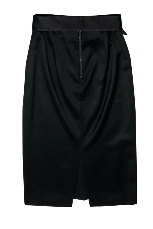 Alice & Olivia - Classic Black Wool Belted Pencil Skirt w/ Back Slit Sz 8