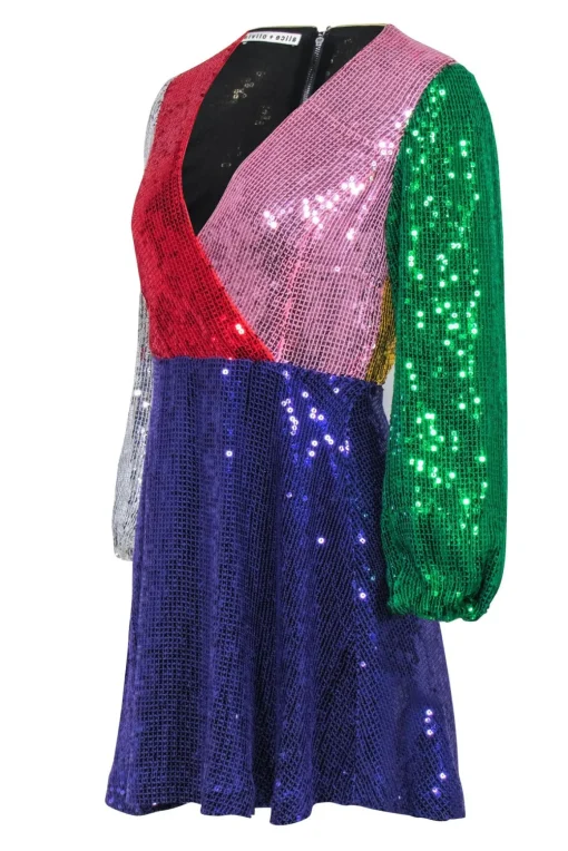 Alice & Olivia - Color Block Sequin Faux Wrap Dress Sz 4