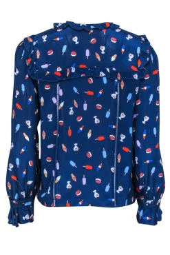 Alice & Olivia - Dark Blue & Multicolored Ice Cream Print Blouse Sz M