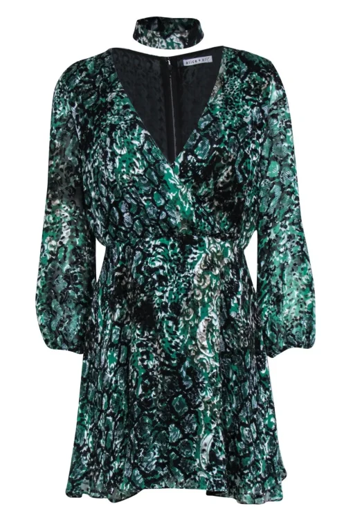 Alice & Olivia - Green & Black Snake Print Dress w/ Matching Choker Sz 6