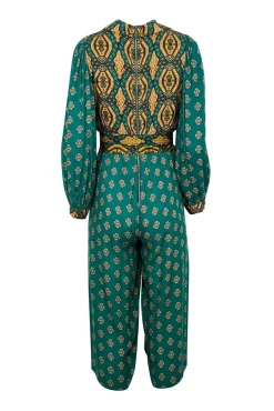 Alice & Olivia - Green & Gold Print Crop Jumpsuit w/ Waist Tie Sash Sz 2