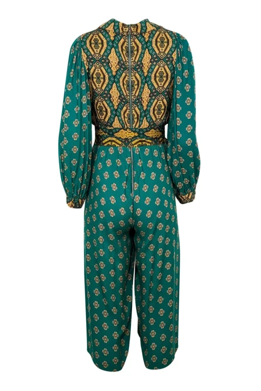 Alice & Olivia - Green & Gold Print Crop Jumpsuit w/ Waist Tie Sash Sz 2