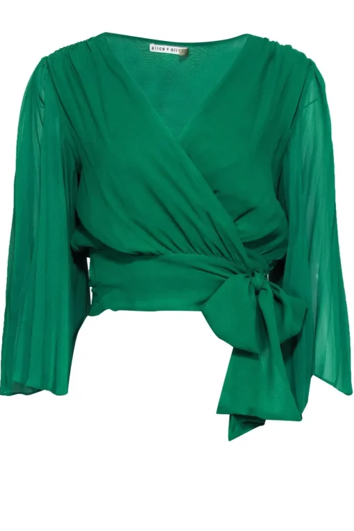 Alice & Olivia - Kelly Green Pleated Silk Cropped Wrap Blouse Sz M