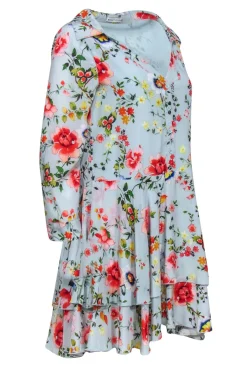 Alice & Olivia - Light Blue Floral Print Silk Mini Dress Sz 4