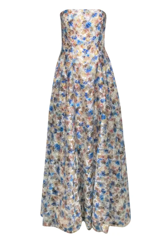 Alice & Olivia - Multicolor Metallic Floral Lace Strapless Gown Sz 6