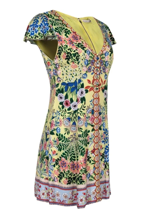 Alice & Olivia - Pale Yellow w/ Multicolor Floral Print Flutter Sleeve Dress Sz 2