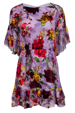 Alice & Olivia - Purple w/ Multicolor Burnout Floral Print Ruffled Mini Dress Sz 6