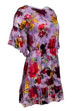 Alice & Olivia - Purple w/ Multicolor Burnout Floral Print Ruffled Mini Dress Sz 6
