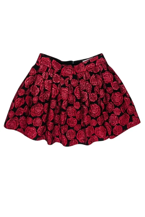 Alice & Olivia - Red & Black Rose Print Flared Skirt Sz 6