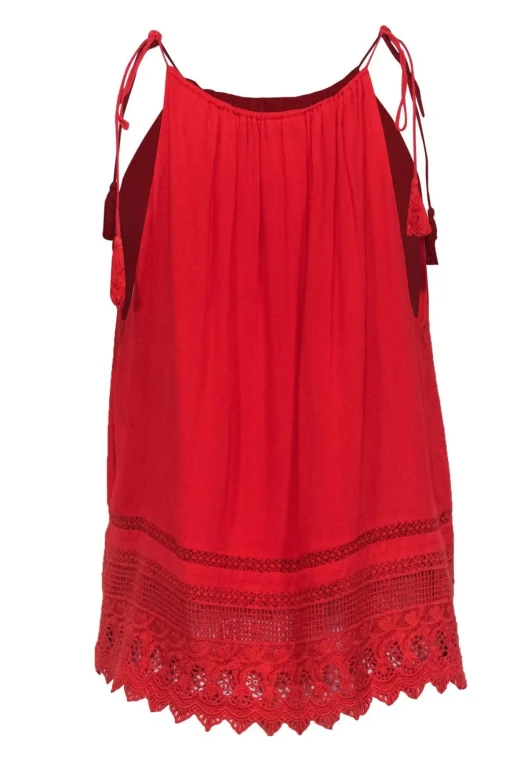 Alice & Olivia - Tomato Red Tank w/ Embroidered Hem & Tassel Ties Sz M
