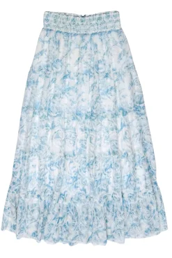 Alice & Olivia - White & Blue Embroidered Tiered Maxi Skirt Sz L