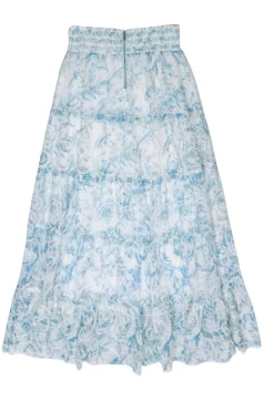 Alice & Olivia - White & Blue Embroidered Tiered Maxi Skirt Sz L