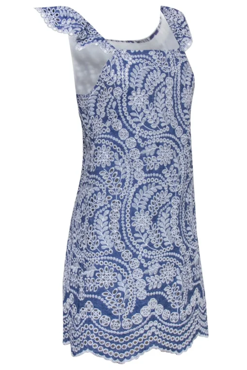 Alice & Olivia - White Embroidered Chambray Mini Dress Sz 4