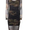 All Saints - Black & Gold Shimmering Floral Print Sheer Bodycon Dress Sz 2