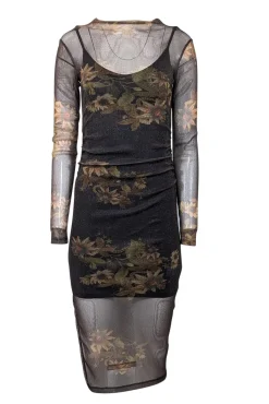All Saints - Black & Gold Shimmering Floral Print Sheer Bodycon Dress Sz 2
