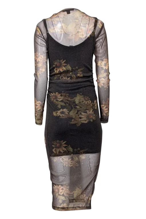 All Saints - Black & Gold Shimmering Floral Print Sheer Bodycon Dress Sz 2