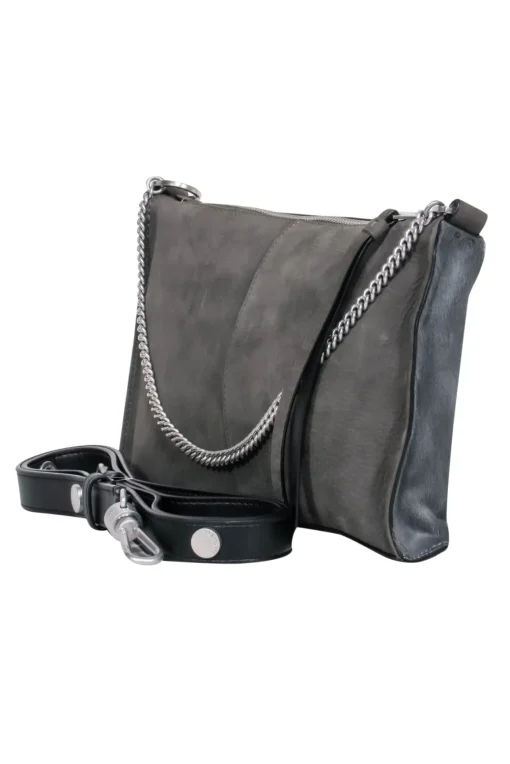 All Saints - Grey Calf Hair Shoulder Bag w/ Silver-Toned Chain & Leather Trim