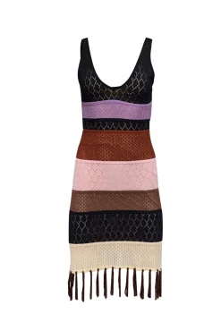 Allison - Black, Brown, & Lavender Knit Fringe Hem Dress Sz XS