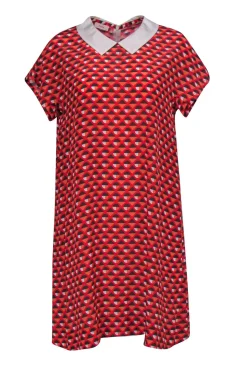 Altea - Coral, Red, & Grey Geometric Printed Short Sleeve Drress w/ Peter Pan Collar Sz S