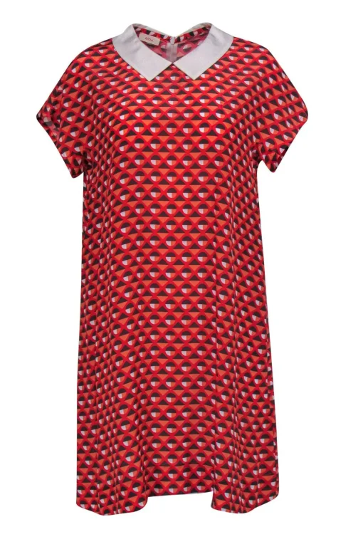Altea - Coral, Red, & Grey Geometric Printed Short Sleeve Drress w/ Peter Pan Collar Sz S