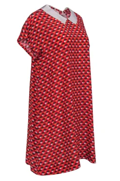 Altea - Coral, Red, & Grey Geometric Printed Short Sleeve Drress w/ Peter Pan Collar Sz S
