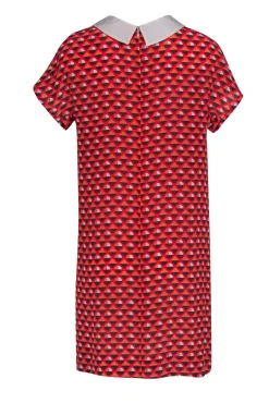 Altea - Coral, Red, & Grey Geometric Printed Short Sleeve Drress w/ Peter Pan Collar Sz S