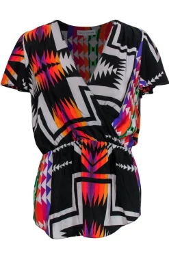 Amanda Uprichard - Black & Multicolored Print Short Sleeve Silk Blouse Sz L