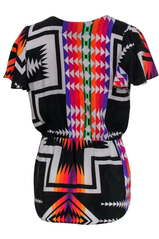 Amanda Uprichard - Black & Multicolored Print Short Sleeve Silk Blouse Sz L