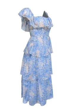 Amanda Uprichard - Blue & Cream Floral Print Tiered Dress Sz XS