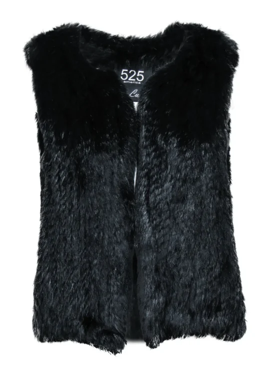 525 America - Black Rabbit Fur Open Vest Sz S/M